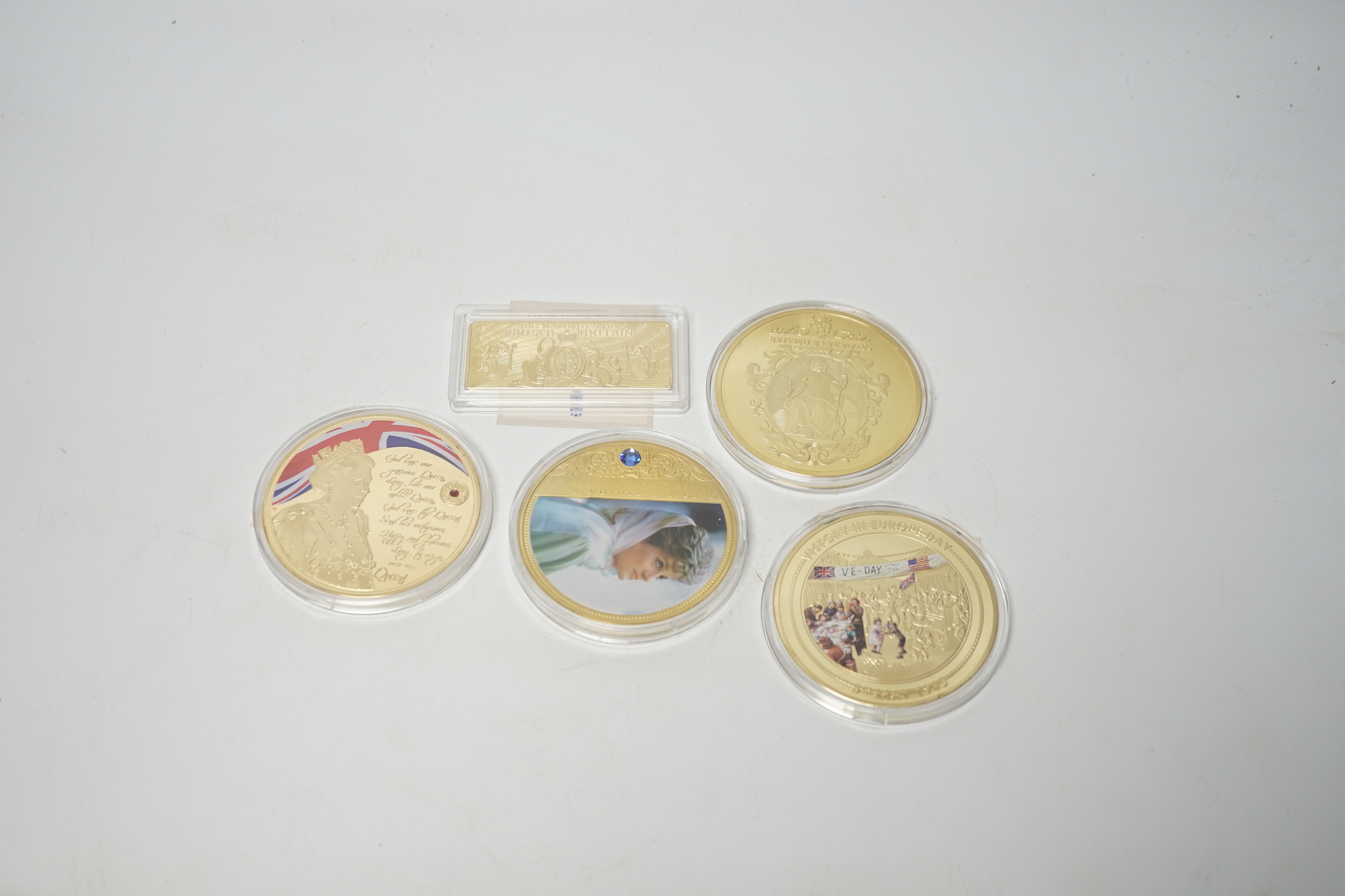 Five large gold plated commemorative medallions for VE Day, Princess Diana, The Queen, etc.